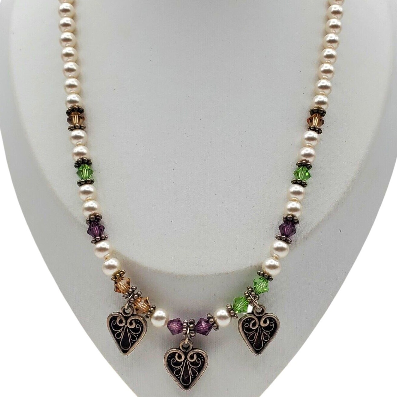 Faux Pearl Glass Bead Necklace Silver Heart Charm Boho Artisan Sweetheart Vtg 18$